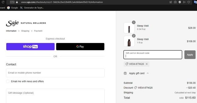 Saje Natural Wellness checkout page showing Saje Natural Wellness promo code box | Screenshot taken by SimplyCodes community member on Jul 4, 2023