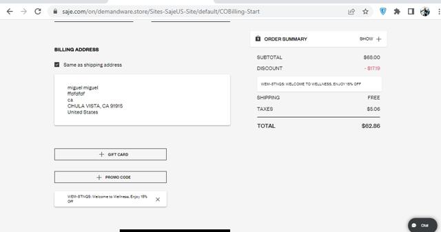 Saje Natural Wellness checkout page showing Saje Natural Wellness promo code box | Screenshot taken by SimplyCodes community member on Jun 15, 2023