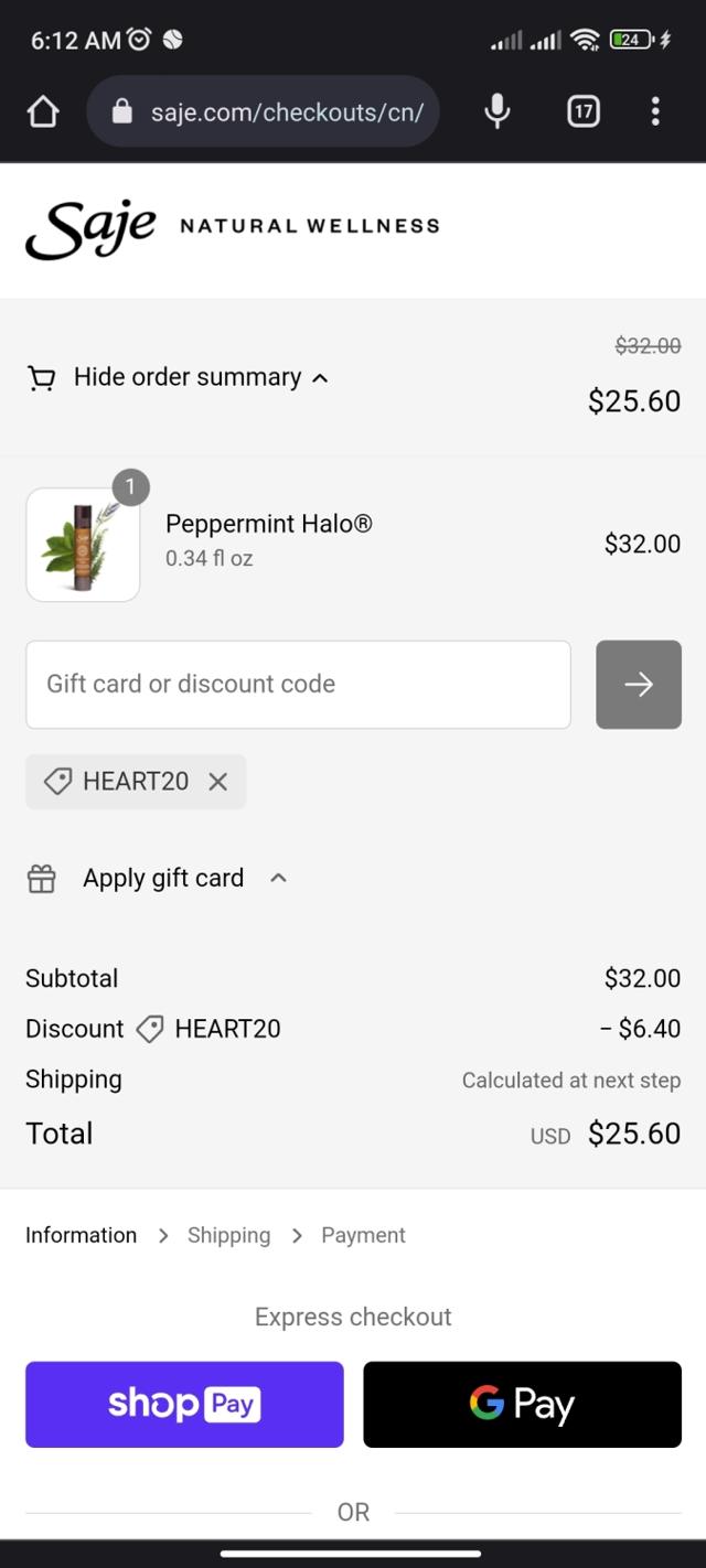 Saje Natural Wellness checkout page showing Saje Natural Wellness promo code box | Screenshot taken by SimplyCodes community member on Jul 4, 2023