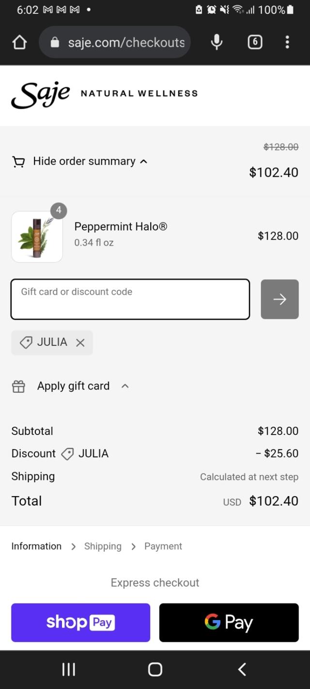 Saje Natural Wellness checkout page showing Saje Natural Wellness promo code box | Screenshot taken by SimplyCodes community member on Jul 4, 2023