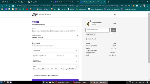 Saje Natural Wellness checkout page showing Saje Natural Wellness promo code box | Screenshot taken by SimplyCodes community member on Jul 4, 2023