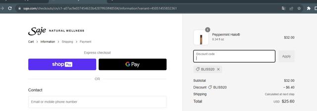 Saje Natural Wellness checkout page showing Saje Natural Wellness promo code box | Screenshot taken by SimplyCodes community member on Aug 2, 2023