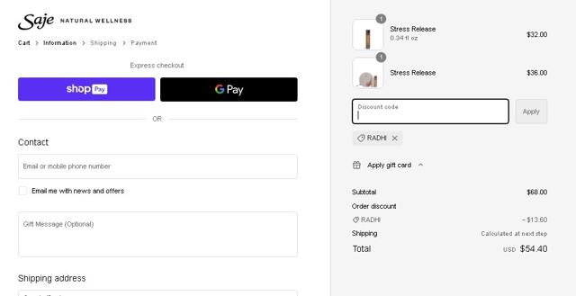 Saje Natural Wellness checkout page showing Saje Natural Wellness promo code box | Screenshot taken by SimplyCodes community member on Aug 20, 2023