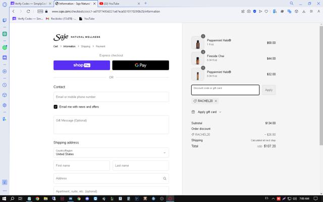 Saje Natural Wellness checkout page showing Saje Natural Wellness promo code box | Screenshot taken by SimplyCodes community member on Sep 27, 2023