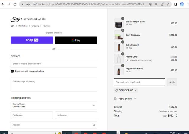 Saje Natural Wellness checkout page showing Saje Natural Wellness promo code box | Screenshot taken by SimplyCodes community member on Sep 27, 2023