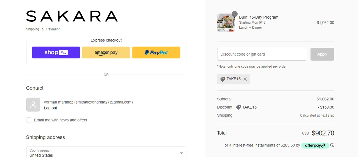 where to use Sakara promo code box