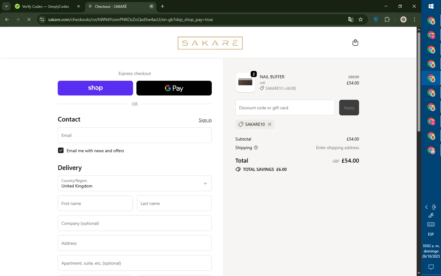Sakare promo code screenshot showing code SAKARE10 applied at Sakare checkout page. Uploaded by SimplyCodes community member CashMaverick8128 on Oct 26, 2025
