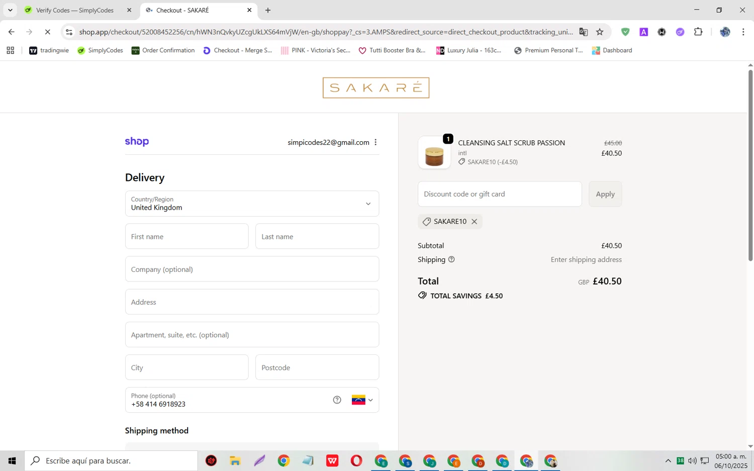 Sakare promo code screenshot showing code SAKARE10 applied at Sakare checkout page. Uploaded by SimplyCodes community member JoseH45 on Oct 6, 2025