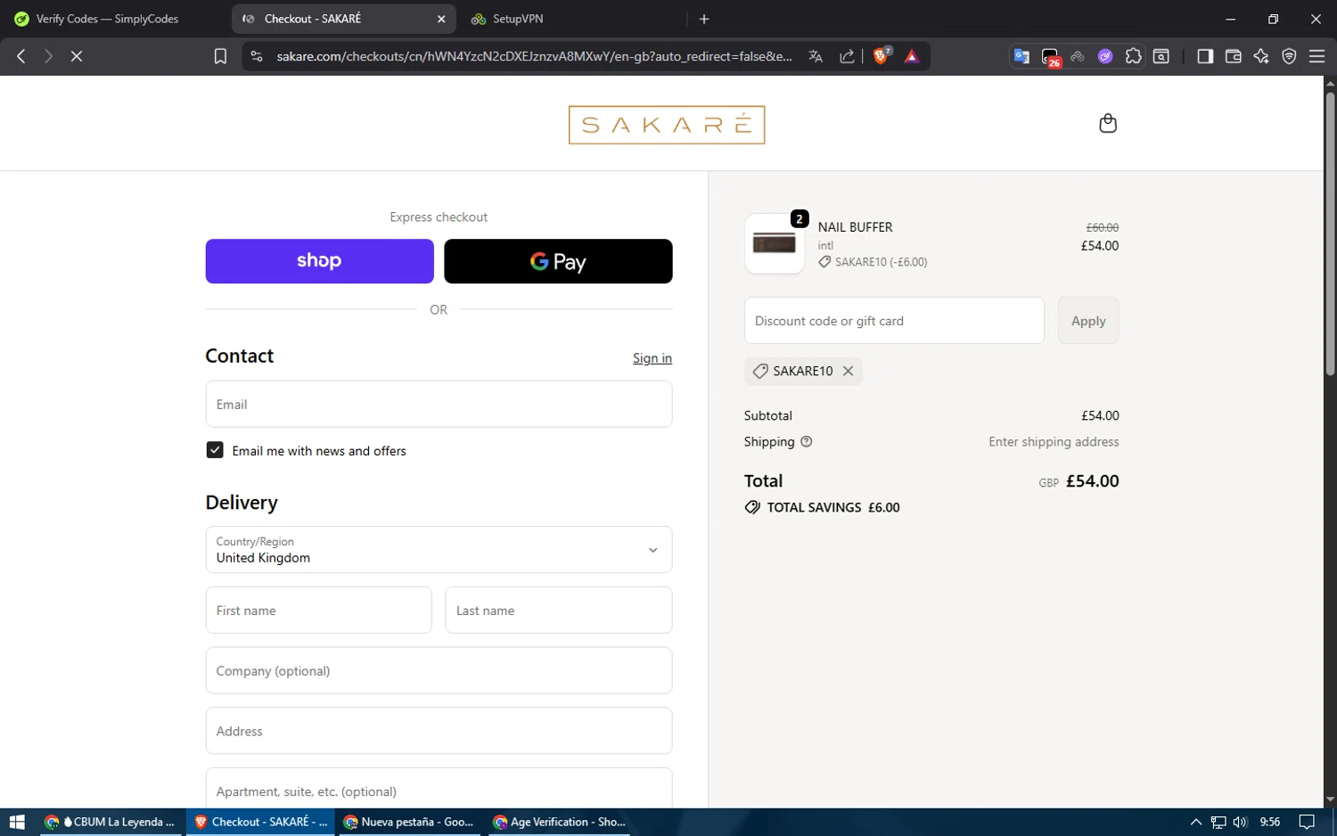 Sakare promo code screenshot showing code SAKARE10 applied at Sakare checkout page. Uploaded by SimplyCodes community member usuario500 on Oct 26, 2025