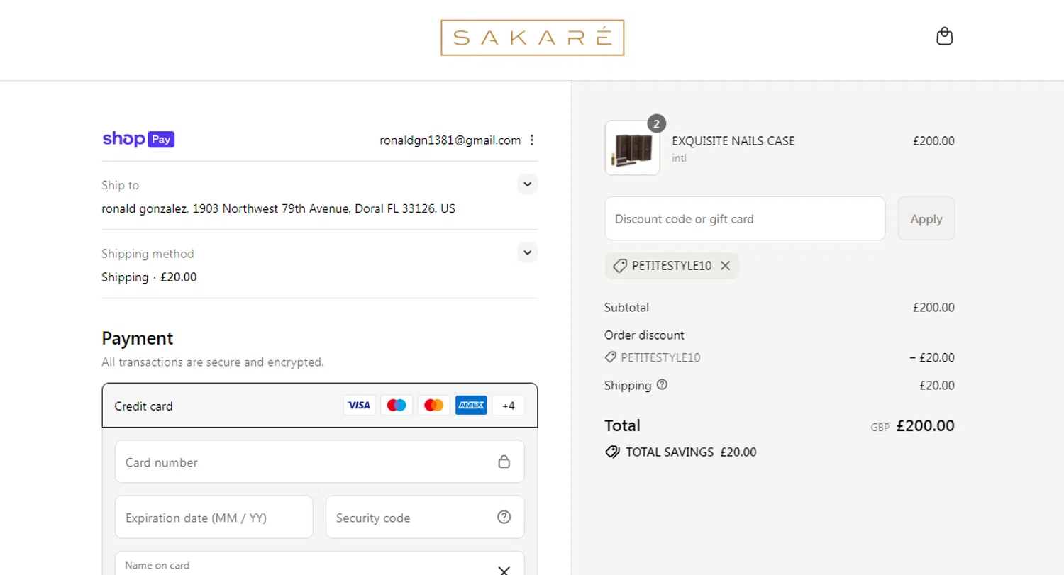 Sakare promo code screenshot showing code PETITESTYLE10 applied at Sakare checkout page. Uploaded by SimplyCodes community member Gonzalez010203 on Aug 12, 2025