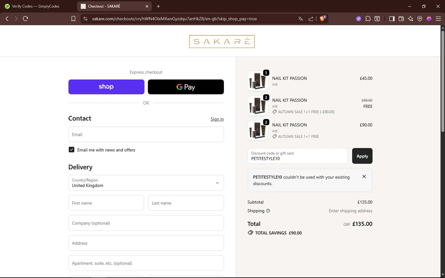Sakare promo code screenshot showing code PETITESTYLE10 applied at Sakare checkout page. Uploaded by SimplyCodes community member BALLERINA on Oct 22, 2025