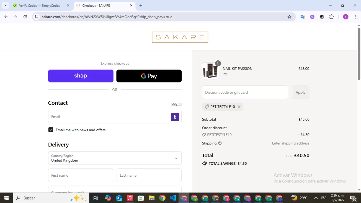 Sakare promo code screenshot showing code PETITESTYLE10 applied at Sakare checkout page. Uploaded by SimplyCodes community member WonderPioneer5062 on Sep 3, 2025