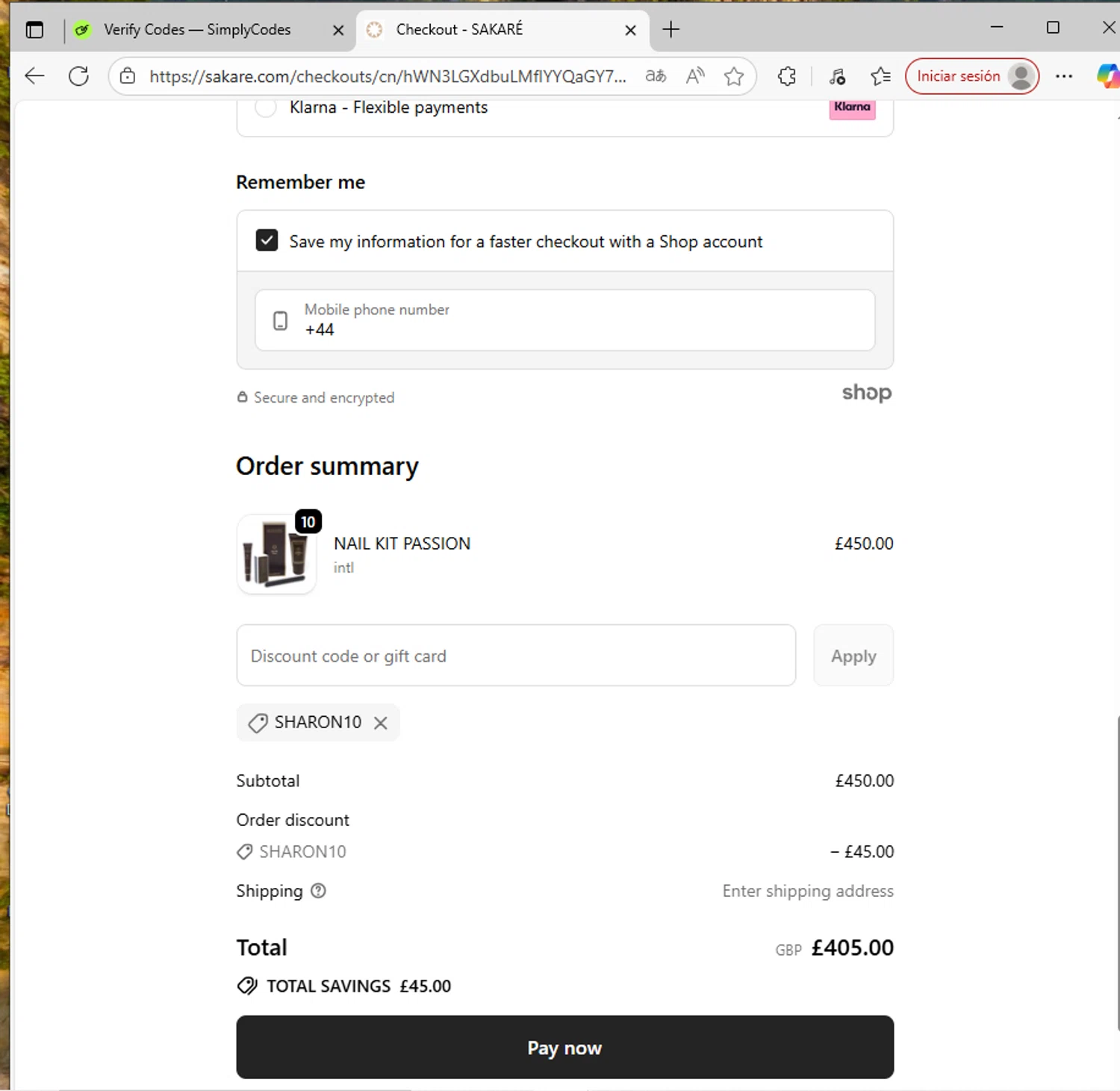 Sakare promo code screenshot showing code SHARON10 applied at Sakare checkout page. Uploaded by SimplyCodes community member SavvyWizard7346 on Sep 24, 2025