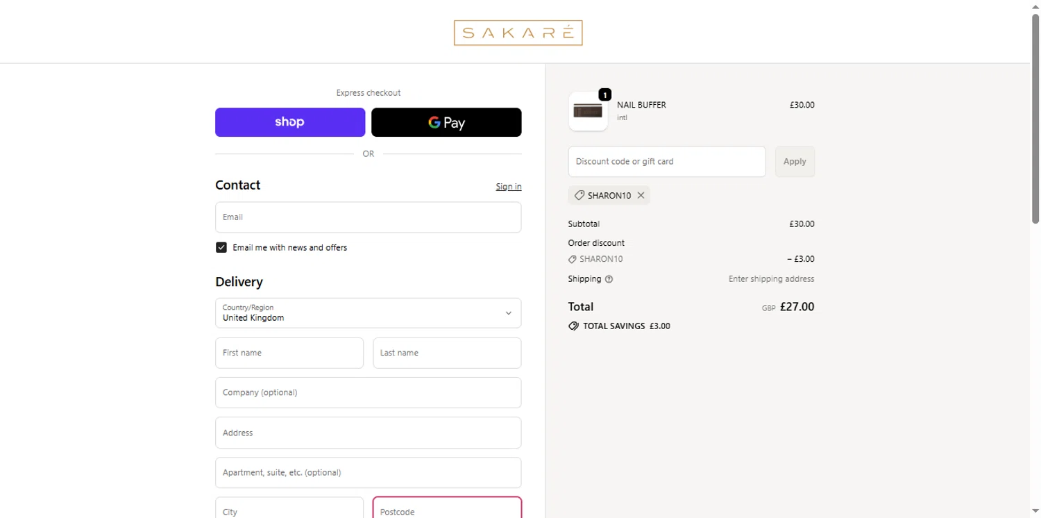 Sakare promo code screenshot showing code SHARON10 applied at Sakare checkout page. Uploaded by SimplyCodes community member the_loose_cannon on Sep 24, 2025