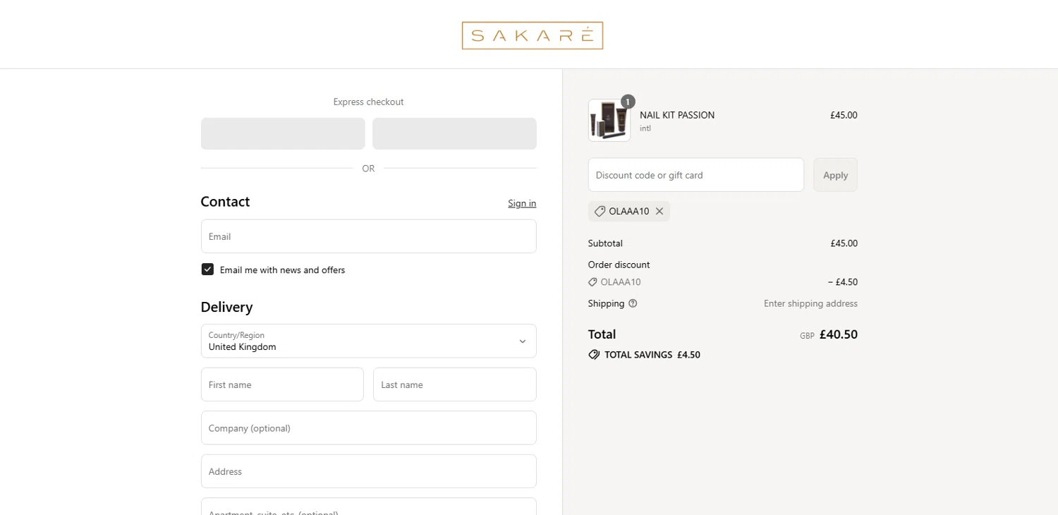 Sakare promo code screenshot showing code OLAAA10 applied at Sakare checkout page. Uploaded by SimplyCodes community member IronHorse on Sep 15, 2025