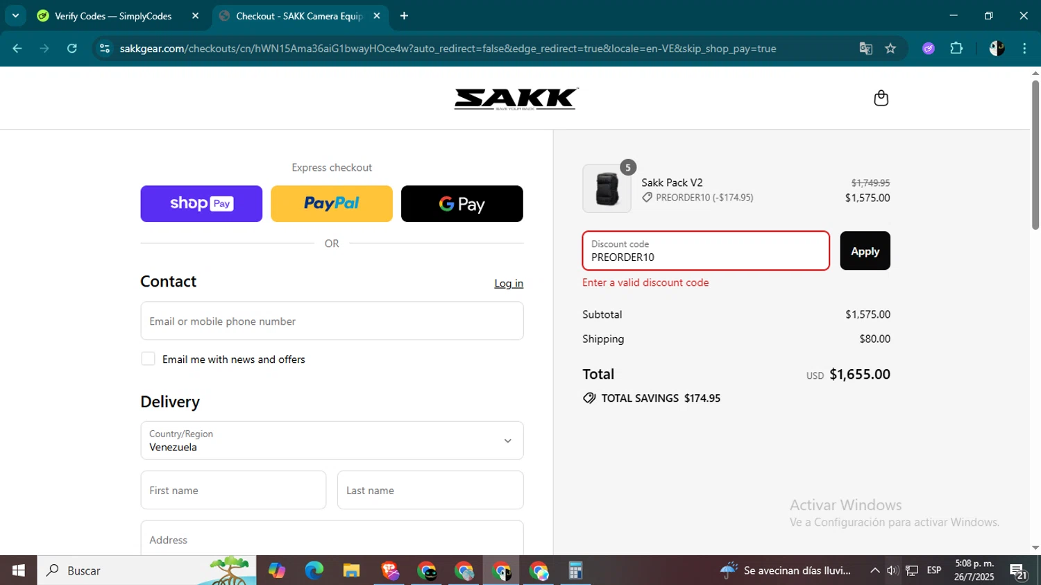 SAKK Camera promo code screenshot showing code PREORDER10 applied at SAKK Camera checkout page. Uploaded by SimplyCodes community member CleverSage9163 on Jul 26, 2025