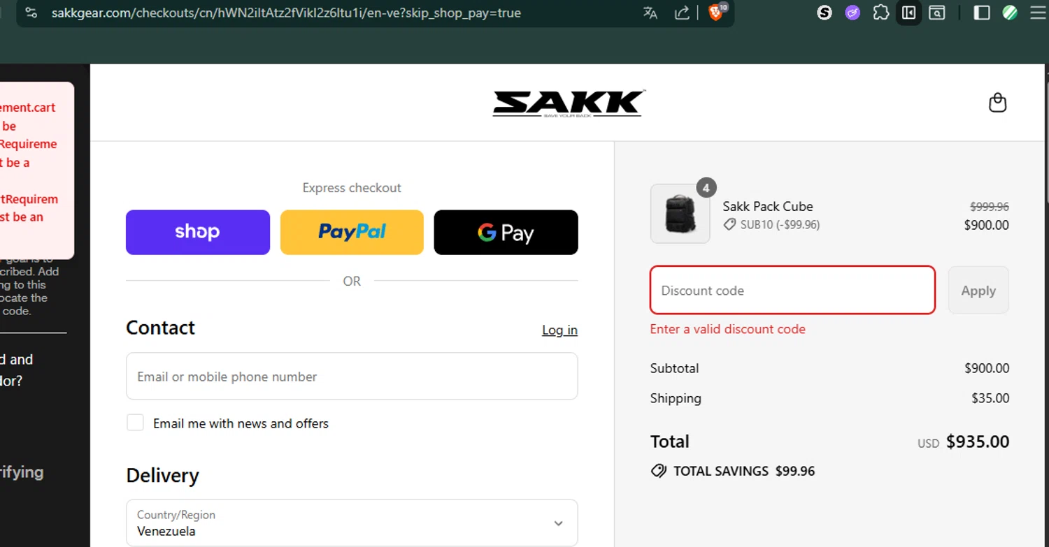 SAKK Camera checkout page showing SAKK Camera promo code box | Screenshot taken by SimplyCodes community member on Sep 7, 2025