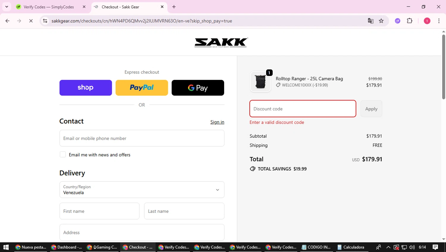 SAKK Camera promo code screenshot showing code SUB10 applied at SAKK Camera checkout page. Uploaded by SimplyCodes community member ScanExpert2824 on Oct 22, 2025