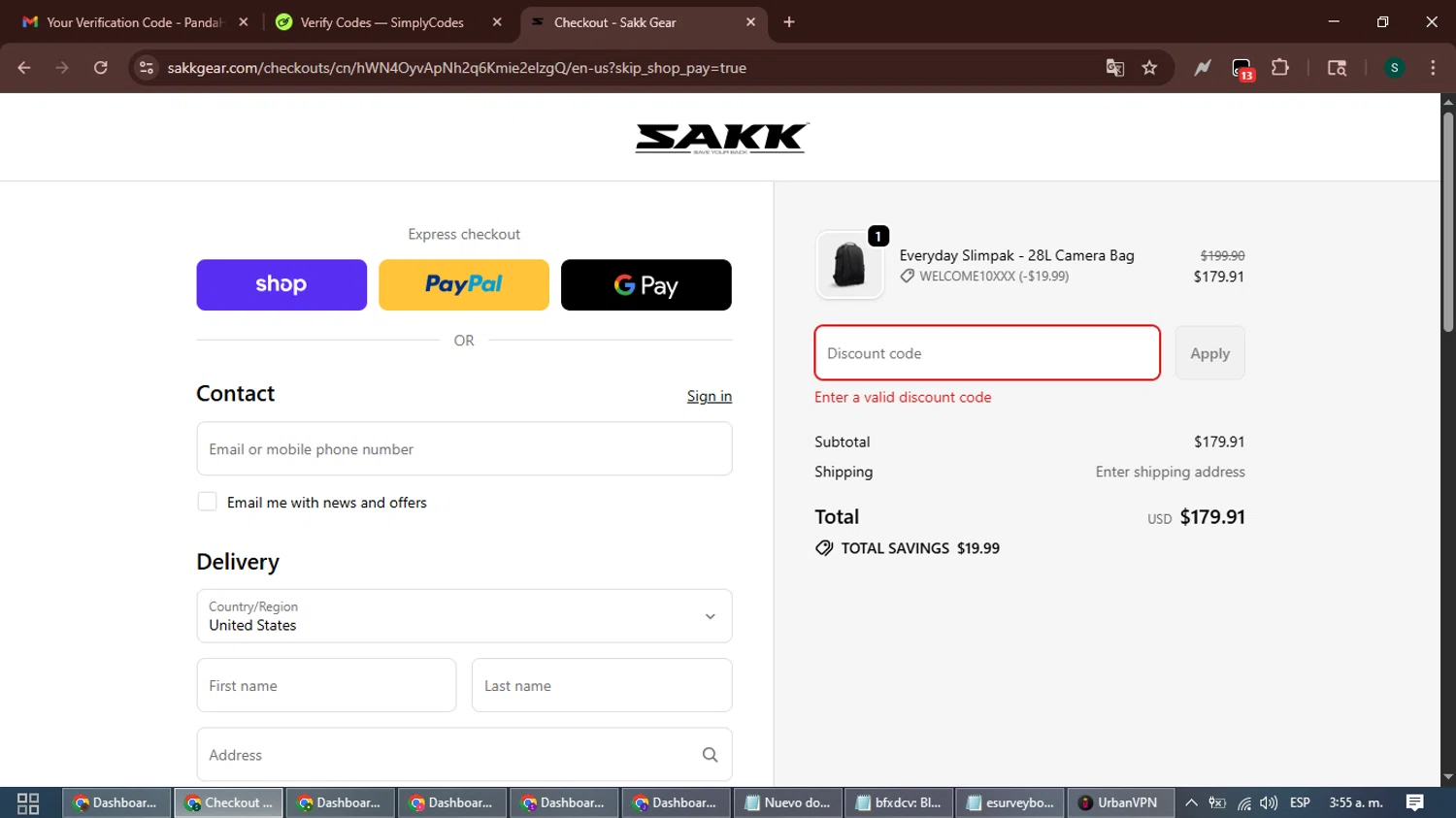 SAKK Camera promo code screenshot showing code SUB10 applied at SAKK Camera checkout page. Uploaded by SimplyCodes community member ShrewdAce7935 on Oct 22, 2025