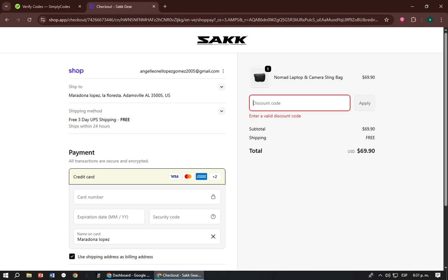 SAKK Camera promo code screenshot showing code WELCOME10XXX applied at SAKK Camera checkout page. Uploaded by SimplyCodes community member zizu55 on Nov 16, 2025