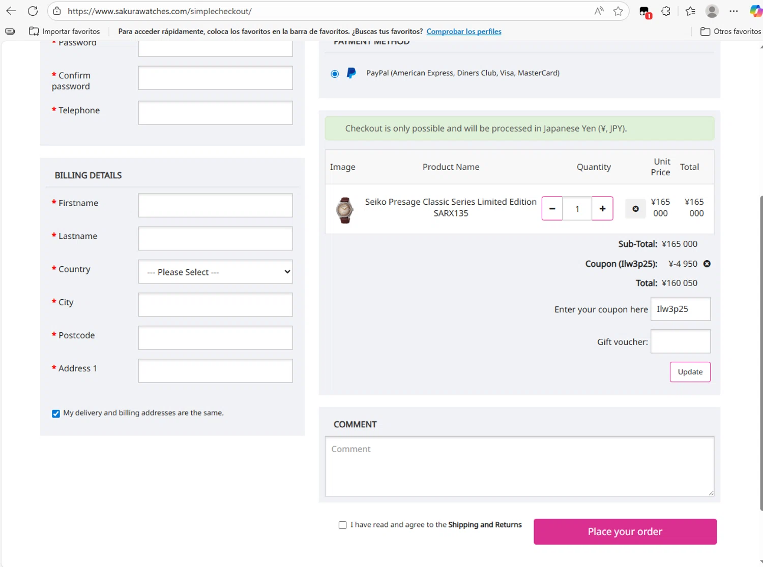 Sakura Watches coupon code screenshot showing code Ilw3p25 applied at Sakura Watches checkout page. Uploaded by SimplyCodes community member NobleLion9913 on Nov 4, 2025