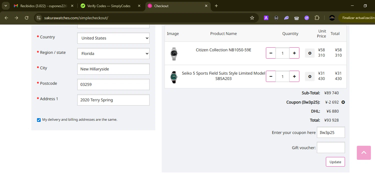 Sakura Watches checkout page showing Sakura Watches coupon code box | Screenshot taken by SimplyCodes community member on Jan 30, 2026