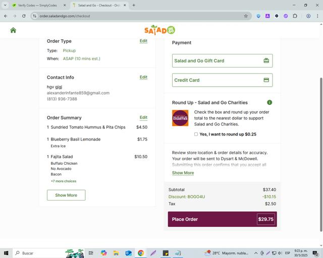 Salad and Go checkout page showing Salad and Go coupon code box | Screenshot taken by SimplyCodes community member on May 31, 2025