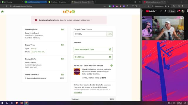 Salad and Go checkout page showing Salad and Go coupon code box | Screenshot taken by SimplyCodes community member on May 15, 2025