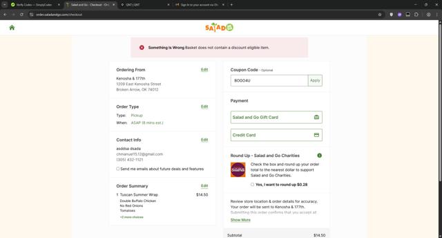 Salad and Go checkout page showing Salad and Go coupon code box | Screenshot taken by SimplyCodes community member on Jul 18, 2025