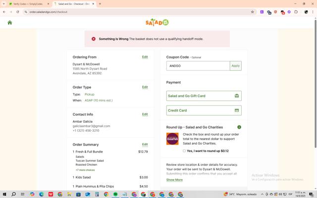 Salad and Go checkout page showing Salad and Go coupon code box | Screenshot taken by SimplyCodes community member on Aug 14, 2025