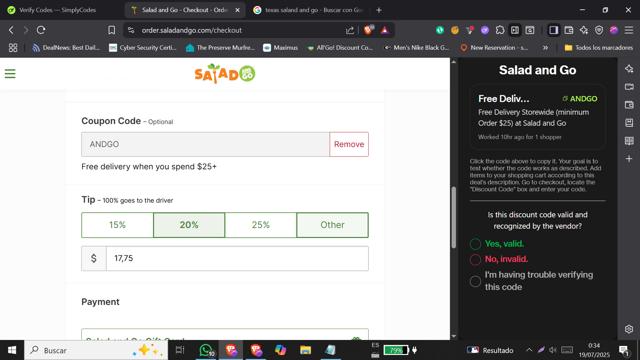 Salad and Go checkout page showing Salad and Go coupon code box | Screenshot taken by SimplyCodes community member on Jul 19, 2025