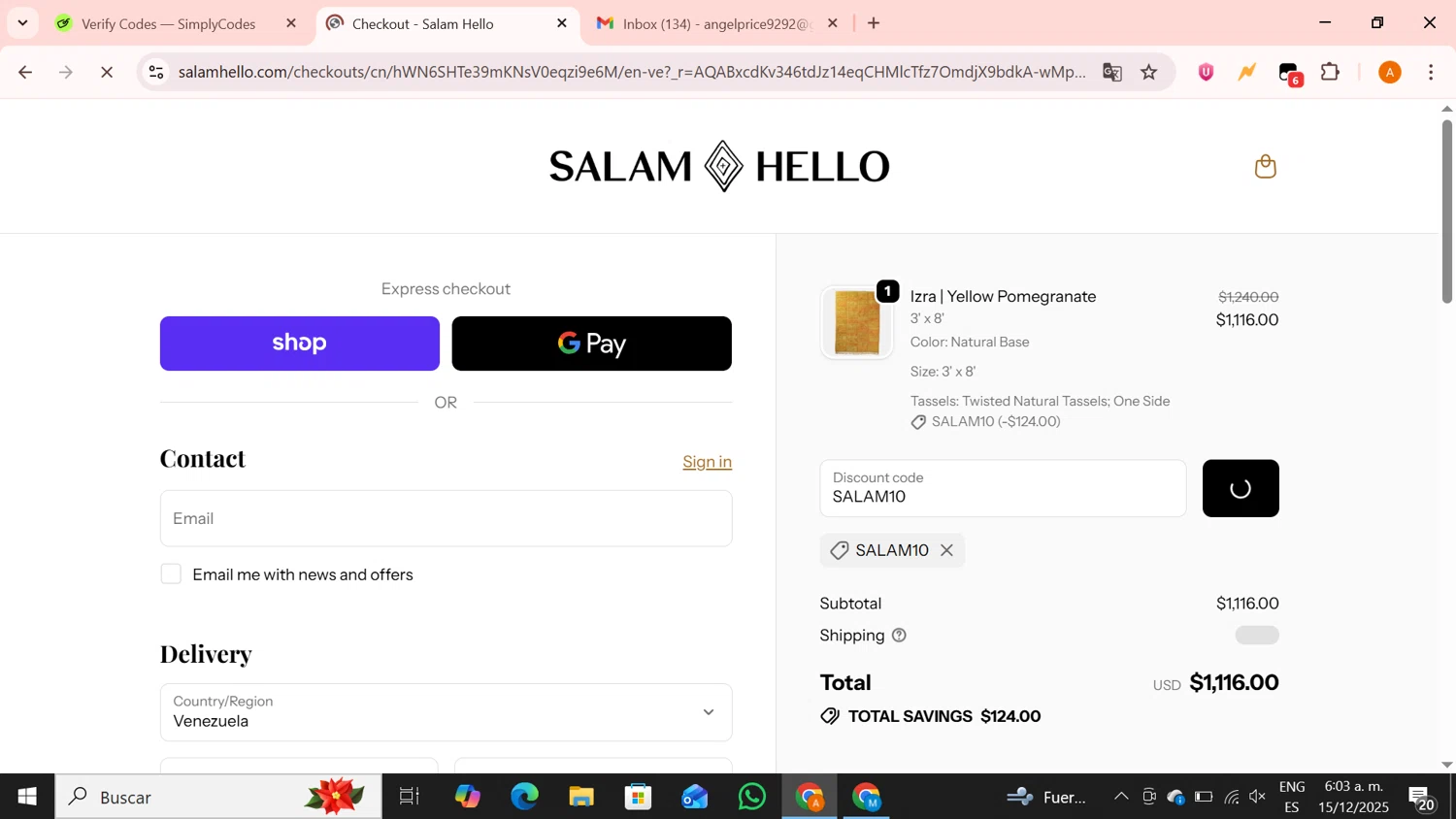 Salam Hello promo code screenshot showing code SALAM10 applied at Salam Hello checkout page. Uploaded by SimplyCodes community member BrilliantPro4121 on Dec 15, 2025