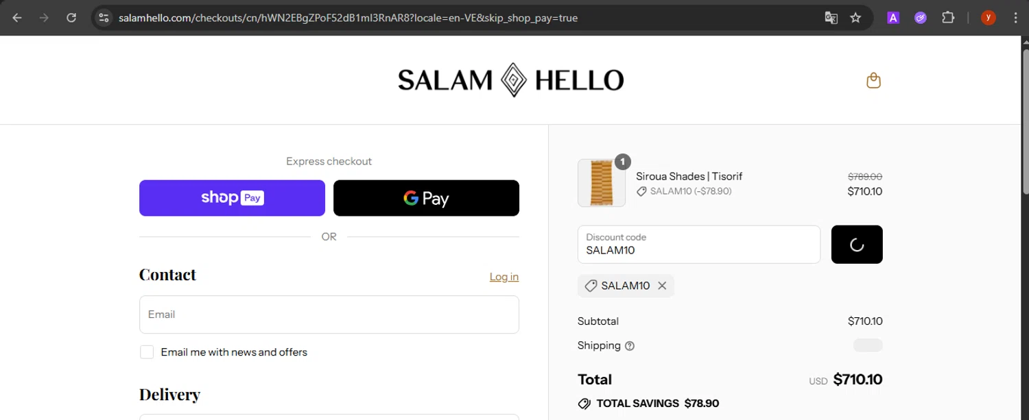 Salam Hello promo code screenshot showing code SALAM10 applied at Salam Hello checkout page. Uploaded by SimplyCodes community member CrownTiger7501 on Aug 26, 2025
