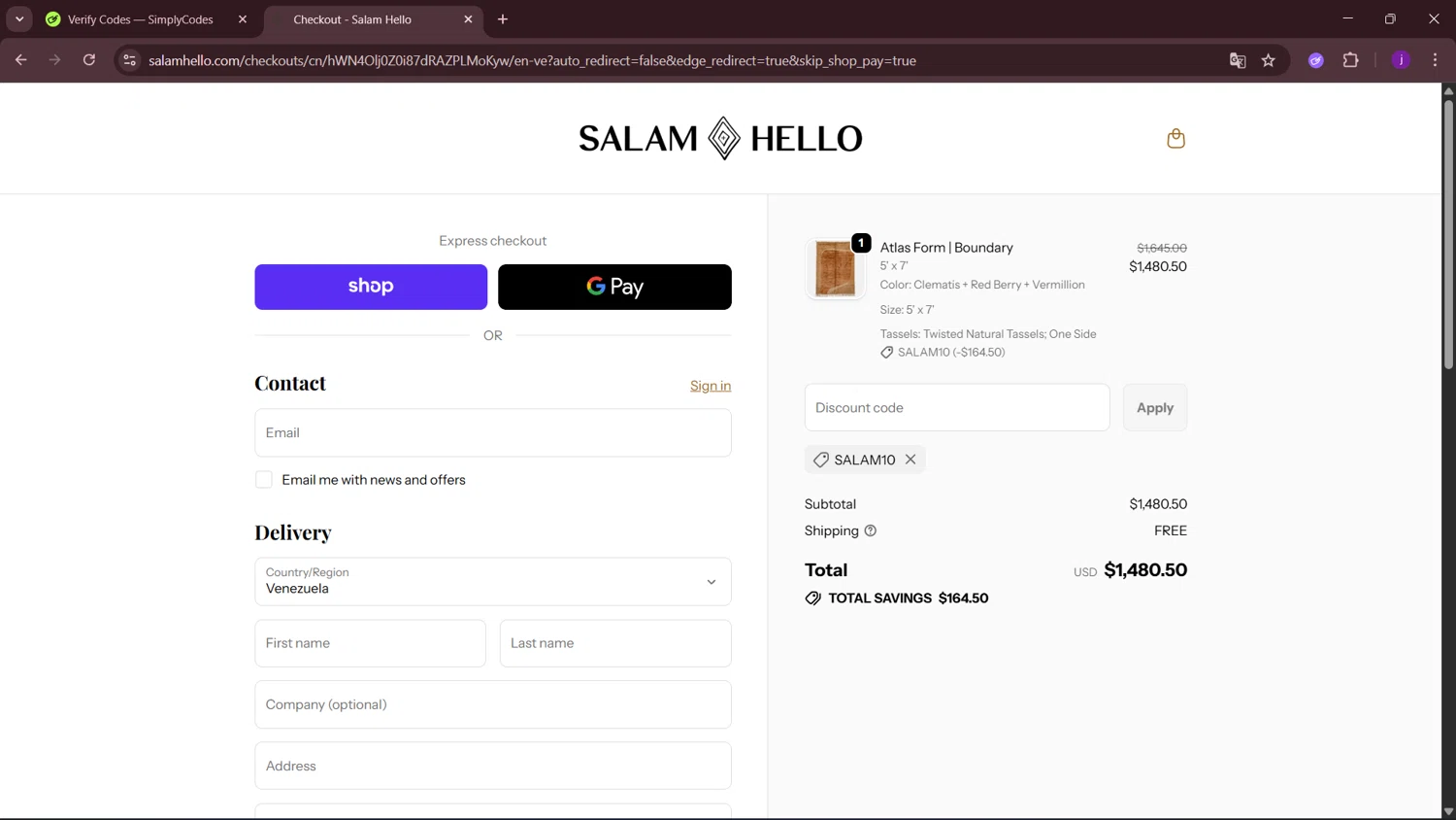 Salam Hello promo code screenshot showing code SALAM10 applied at Salam Hello checkout page. Uploaded by SimplyCodes community member MagnificentSleuth912 on Oct 22, 2025