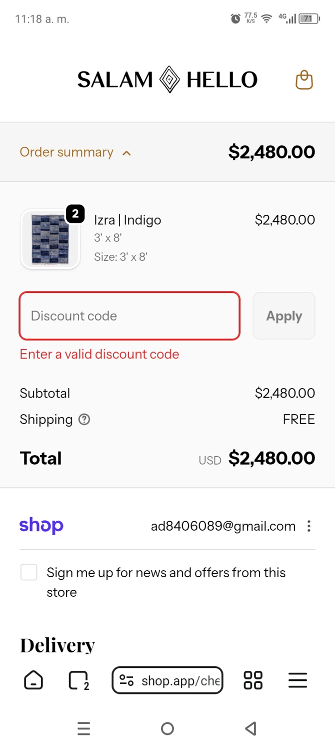 Salam Hello promo code screenshot showing code MHRABA10 applied at Salam Hello checkout page. Uploaded by SimplyCodes community member AnthonyGuapeton94 on Jan 6, 2026