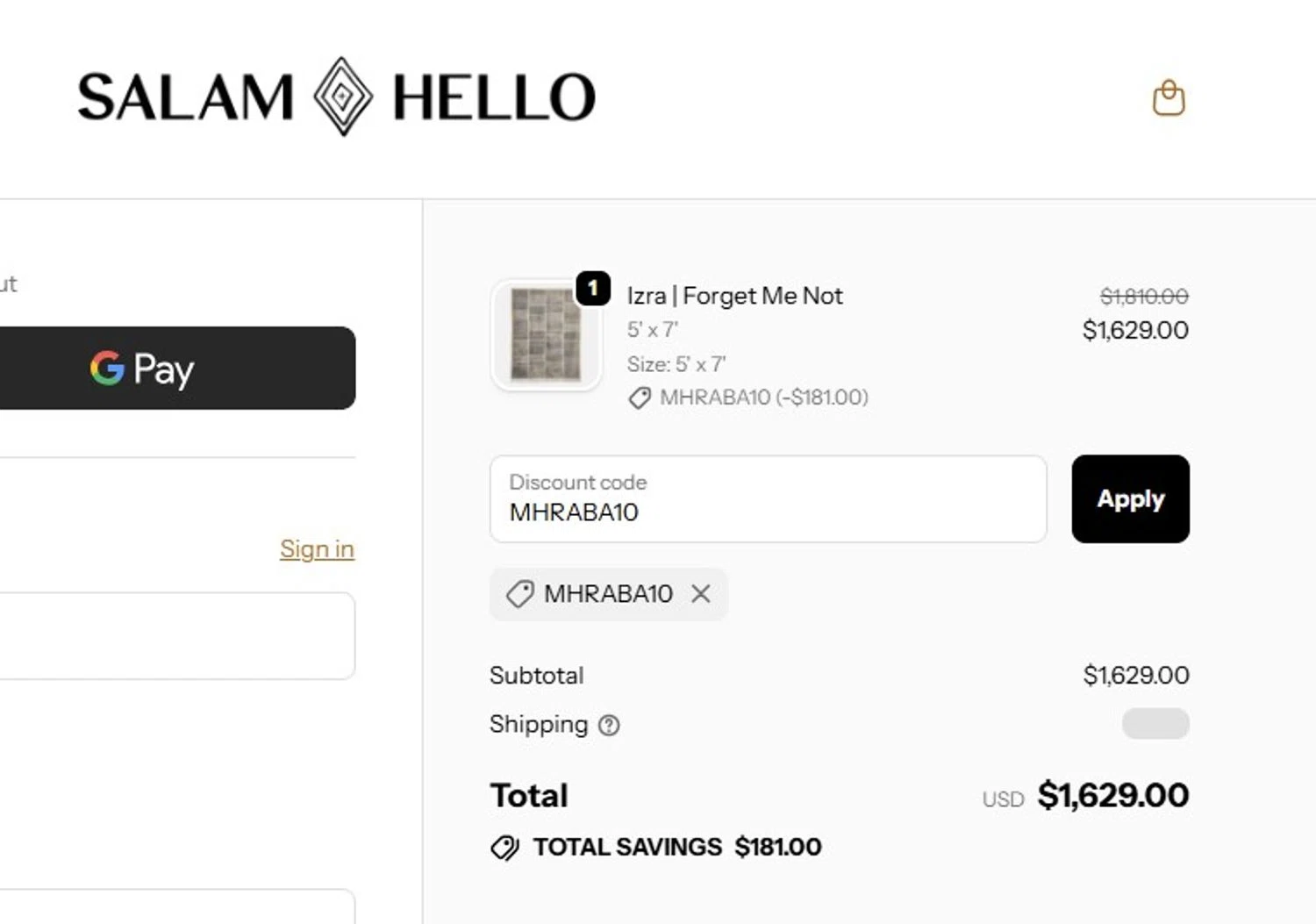 Salam Hello promo code screenshot showing code MHRABA10 applied at Salam Hello checkout page. Uploaded by SimplyCodes community member MoneyFalcon5538 on Dec 15, 2025