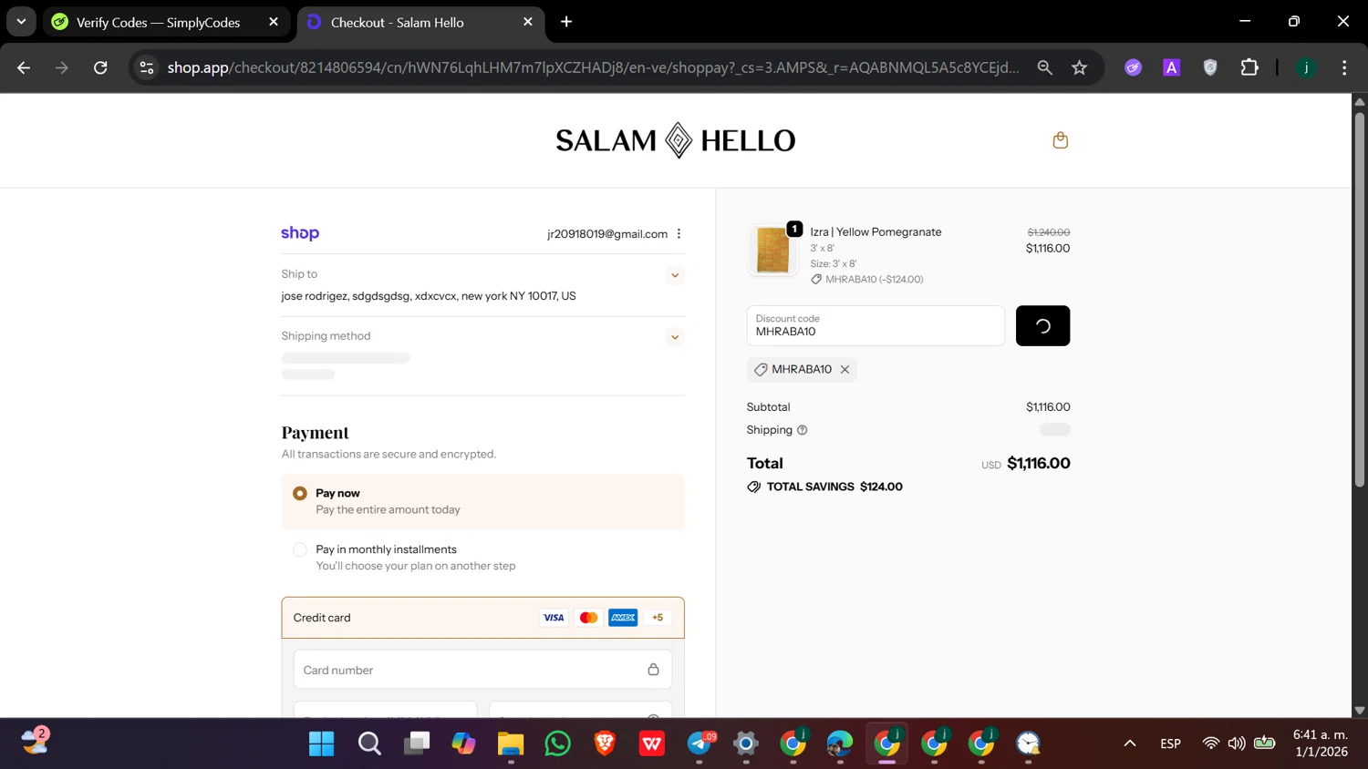 Salam Hello promo code screenshot showing code MHRABA10 applied at Salam Hello checkout page. Uploaded by SimplyCodes community member hanzell2 on Jan 1, 2026