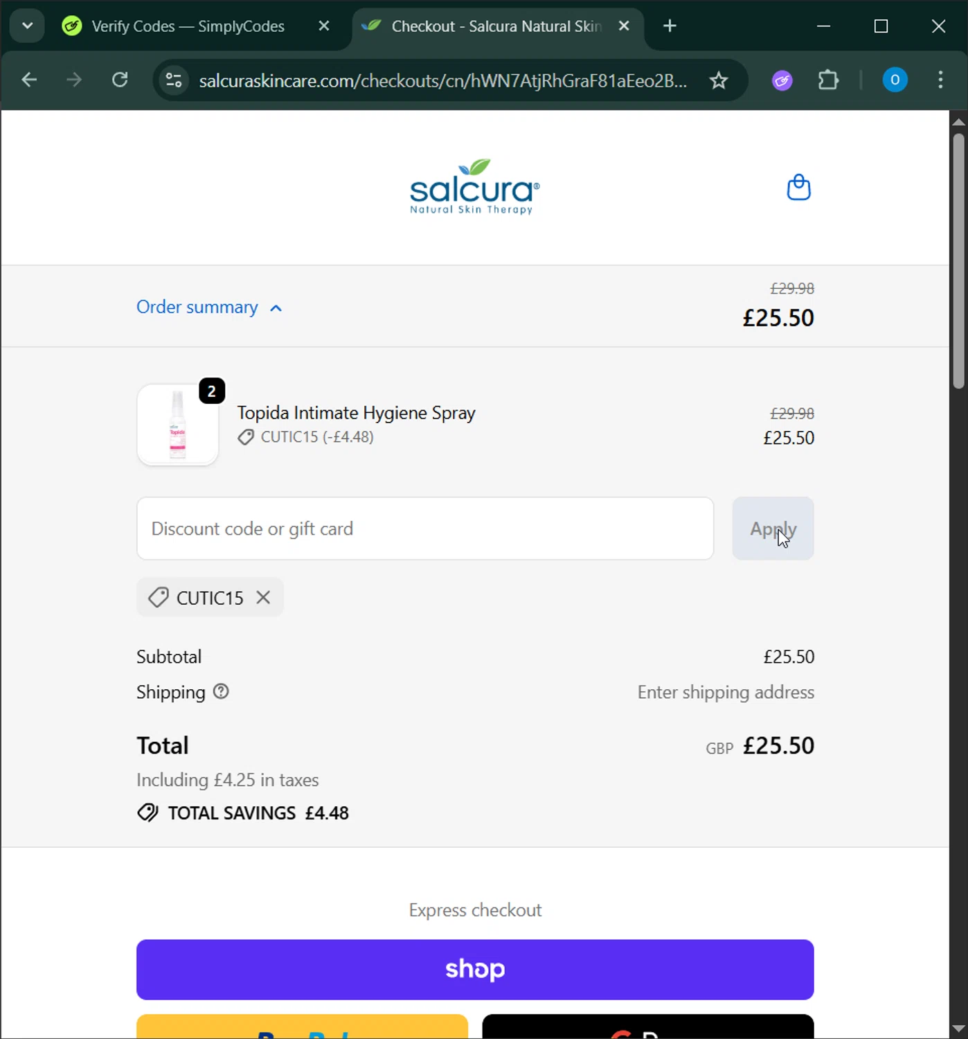 Salcura Skincare promo code screenshot showing code CUTIC15 applied at Salcura Skincare checkout page. Uploaded by SimplyCodes community member _____________ on Jan 3, 2026