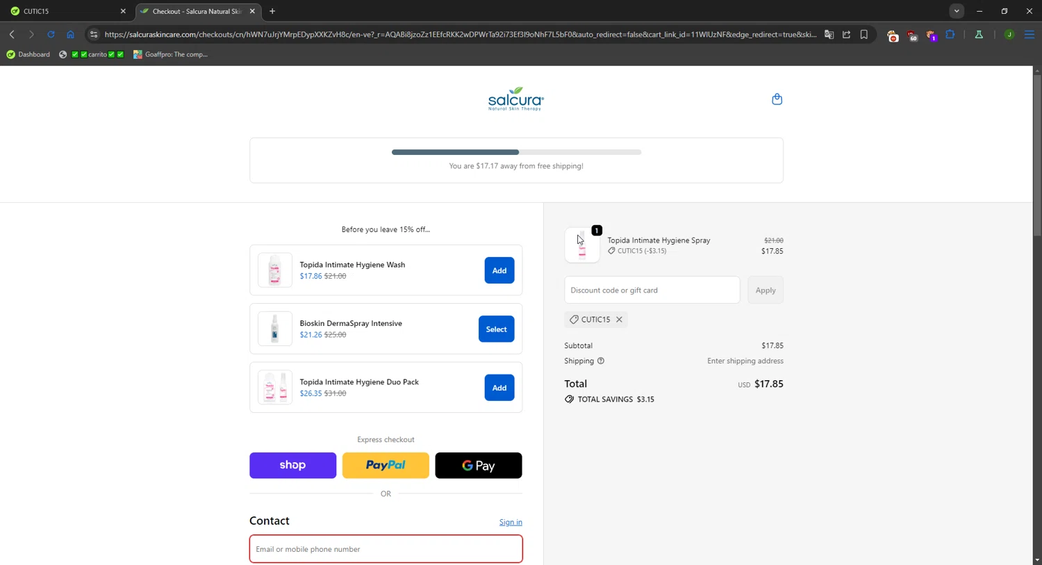 Salcura Skincare promo code screenshot showing code CUTIC15 applied at Salcura Skincare checkout page. Uploaded by SimplyCodes community member FortunateWizard717 on Jan 22, 2026