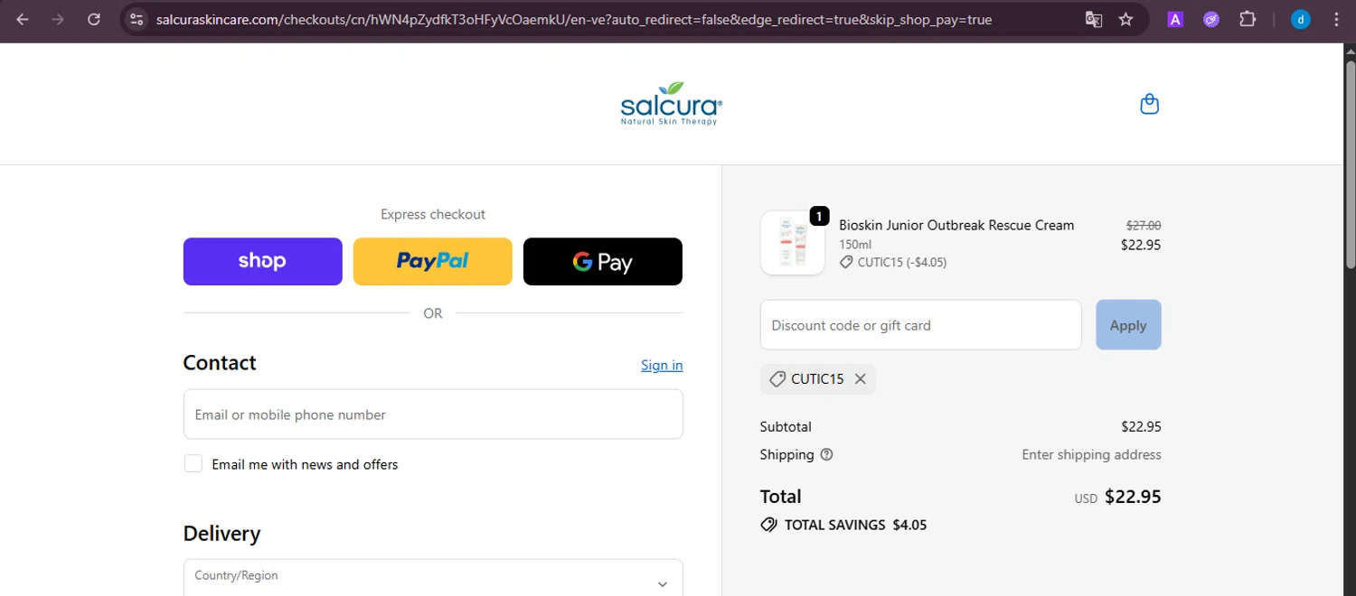Salcura Skincare promo code screenshot showing code CUTIC15 applied at Salcura Skincare checkout page. Uploaded by SimplyCodes community member ShieldKnight4744 on Nov 2, 2025