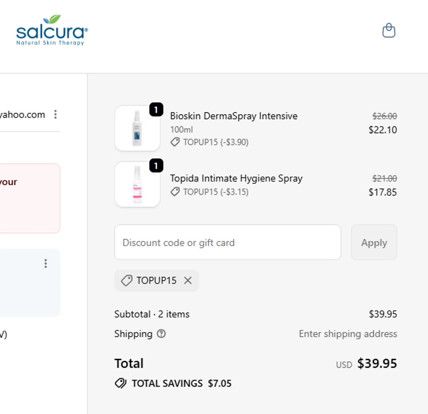 Salcura Skincare promo code screenshot showing code TOPUP15 applied at Salcura Skincare checkout page. Uploaded by SimplyCodes community member FrugalVirtuoso6318 on Feb 14, 2026