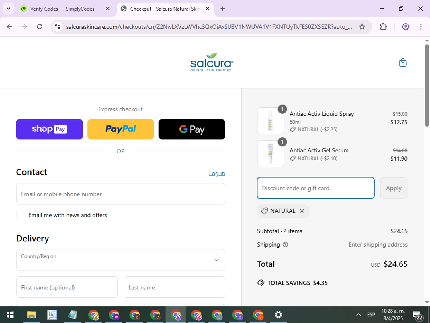 Salcura Skincare promo code screenshot showing code NATURAL applied at Salcura Skincare checkout page. Uploaded by SimplyCodes community member ExtraordinaryPro8536 on Apr 8, 2025