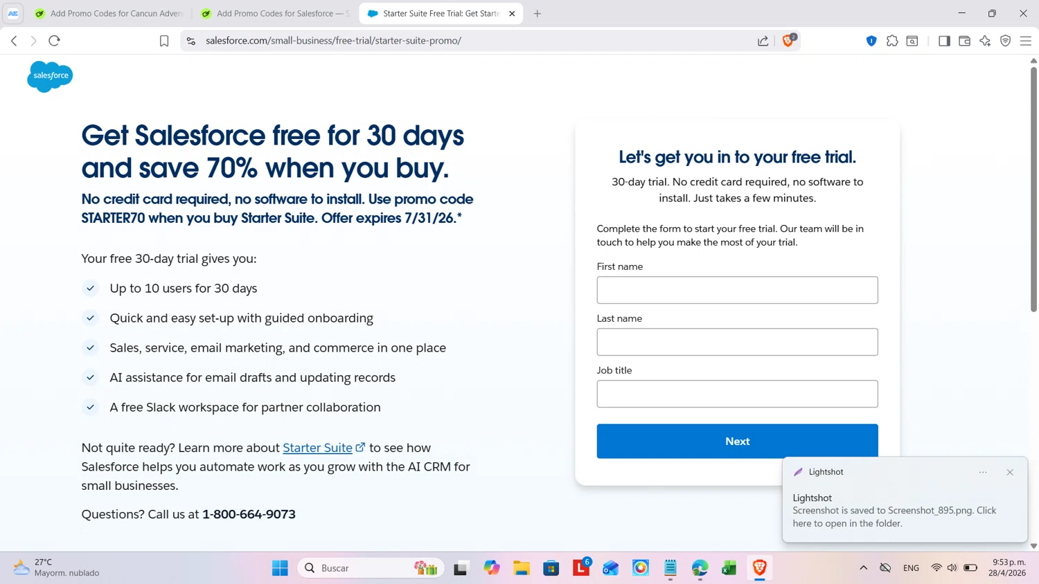 Salesforce promo code screenshot showing code STARTER70 applied at Salesforce checkout page. Uploaded by SimplyCodes community member cosita on Apr 29, 2026