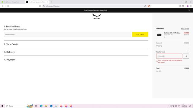 Salewa checkout page showing Salewa discount code box | Screenshot taken by SimplyCodes community member on Jul 25, 2025