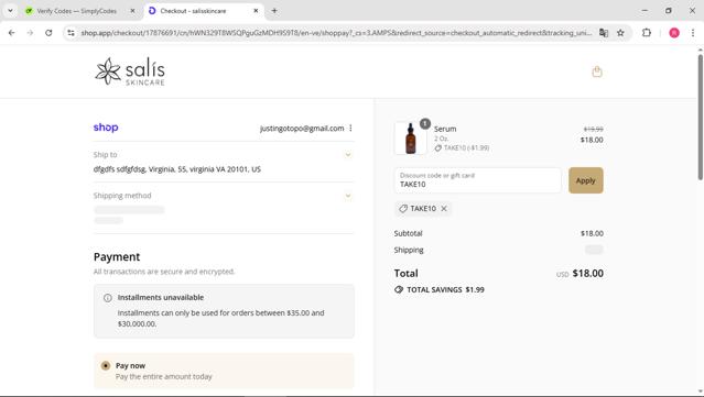 Salis Skincare checkout page showing Salis Skincare discount code box | Screenshot taken by SimplyCodes community member on Sep 16, 2025