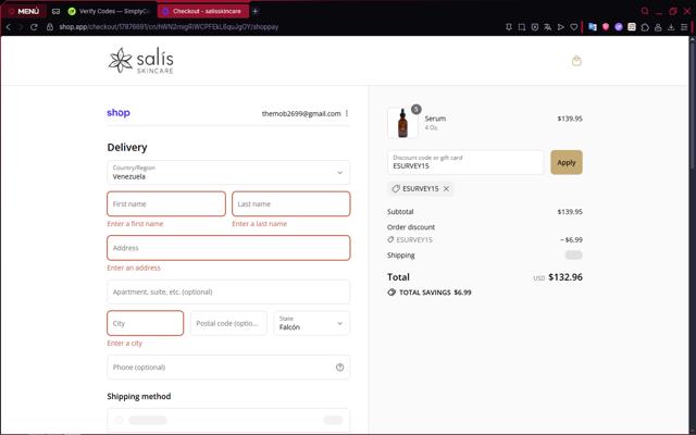 Salis Skincare checkout page showing Salis Skincare discount code box | Screenshot taken by SimplyCodes community member on Sep 11, 2025