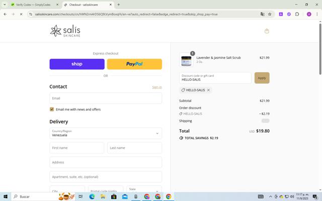 Salis Skincare checkout page showing Salis Skincare discount code box | Screenshot taken by SimplyCodes community member on Sep 11, 2025