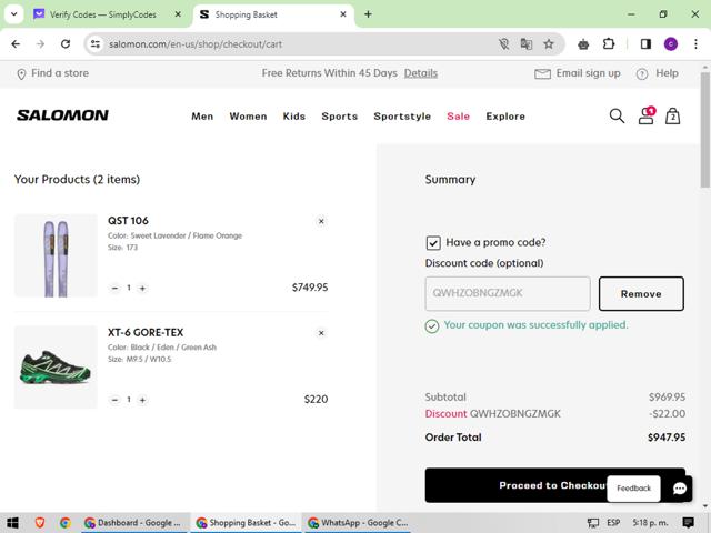 Salomon checkout page showing Salomon promo code box | Screenshot taken by SimplyCodes community member on Jan 31, 2024
