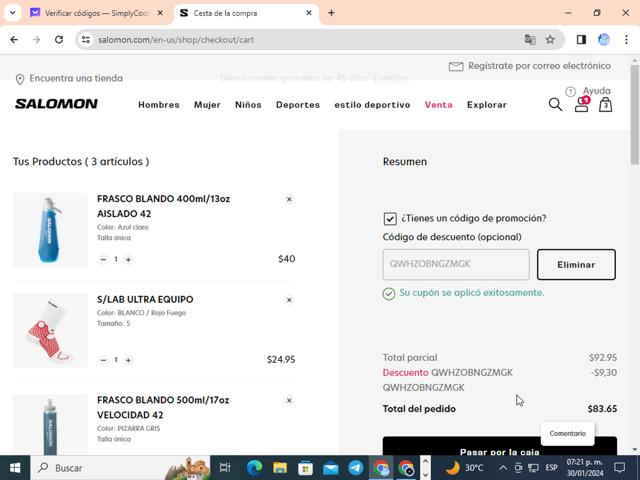Salomon checkout page showing Salomon promo code box | Screenshot taken by SimplyCodes community member on Jan 30, 2024