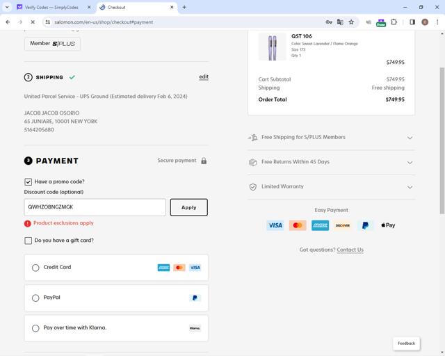 Salomon checkout page showing Salomon promo code box | Screenshot taken by SimplyCodes community member on Jan 31, 2024
